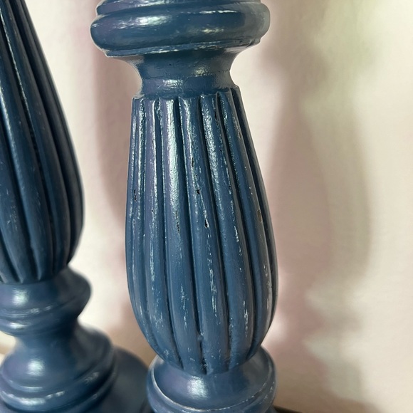 2 Blue Wooden Hand Painted Candle Holder Set Home Decor Rustic Modern Custom Mad - Picture 11 of 13